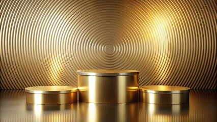 Poster - Three Golden Cylindrical Platforms on a Shiny Metallic Background with a Concentric Circle Design