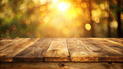 Aufkleber - Wooden table top with blurred bokeh background of warm sunlight filtering through leaves