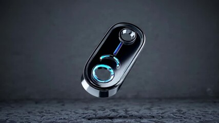Poster - Floating metallic device with blue lights on a textured surface at a dark setting. smart, key, 