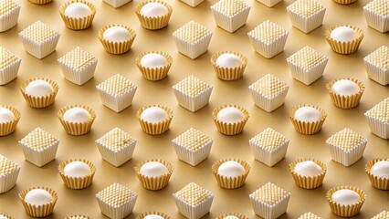 Poster - A repeating pattern of white chocolate candies in gold and white paper cups on a solid gold background