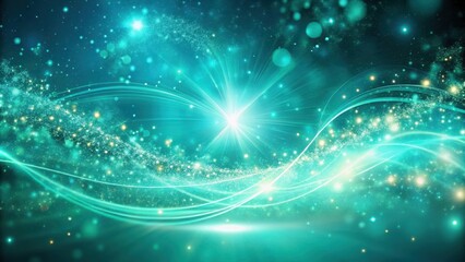 Poster - Abstract Turquoise Background with Glowing Waves and Sparkling Dust