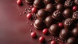 © Bakol - Decadent Chocolate Treats with Glossy Surface, Topped with Dark Chocolate Shavings, Surrounded by Vibrant Red Spheres, Perfect for Dessert Plating and Gourmet Presentations