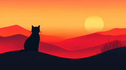 Naklejka na meble silhouette of cat against vibrant sunset in serene landscape, World spay day concept