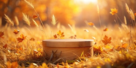 Aufkleber - A wooden platform surrounded by fallen leaves and golden grass, basking in the warm glow of the setting sun.