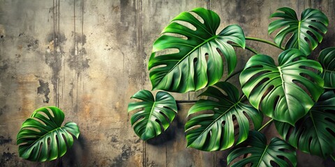 Aufkleber - Lush Green Tropical Leaves Against a Weathered Concrete Wall