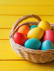 Wall Mural - easter, holidays and tradition concept - close up of colored eggs in basket over yellow wooden boards background