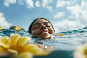 Young Indian ethnic woman with a smiling face floating in water