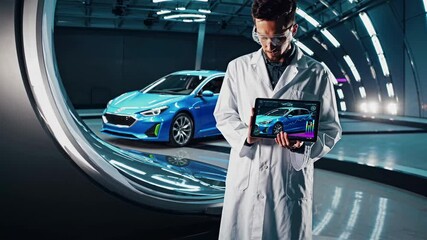 Poster - Engineer analyzing data from electric vehicle in futuristic testing facility