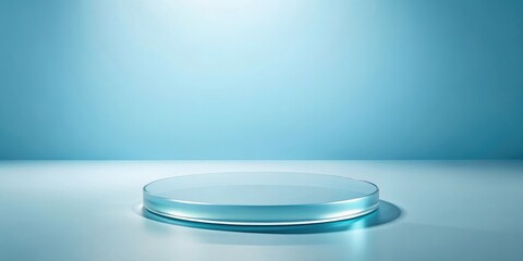 Leinwandbilder - A single, clear glass podium sits centered on a light blue platform, bathed in soft, diffused light.