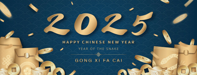 Wall Mural - chinese new year banner background for 2025 year of the snake, wealth and prosperity concept with mo