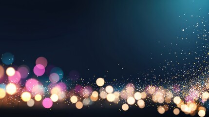 Wall Mural - a dark background with colorful bokeh lights and scattered light particles, creating a festive and c