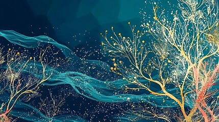Abstract glowing trees, flowing fabric, dark blue background, digital art, website banner