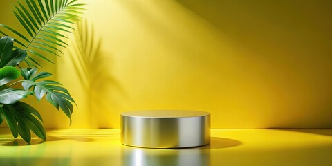 Leinwandbilder - A metallic podium with soft shadows against a yellow backdrop, accented by lush green foliage and light streaming in from above.