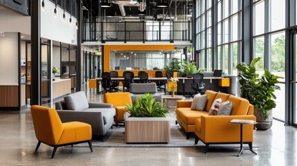 Vibrant office workspace layout in modern interior coworking lounge
