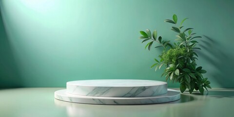 Leinwandbilder - A minimalist marble pedestal with green foliage on a green background
