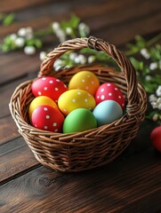 easter, holidays and tradition concept - close up of colored eggs in basket on wooden table