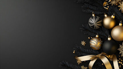 Wall Mural - Elegant black and gold Christmas decorations with ribbons and pine branches on a dark background, capturing a festive atmosphere