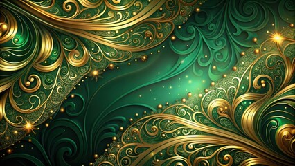 Aufkleber - Abstract Emerald and Gold Floral Background with Swirling Designs and Glimmering Lights