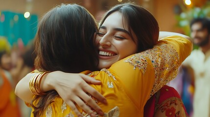 Happy women hugging, festive background, celebration, South Asian wedding