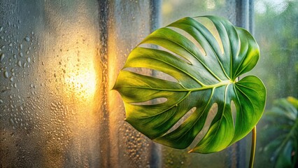 Aufkleber - A single, large, green leaf with intricate veins rests against a windowpane covered in water droplets, with a warm glow of sunlight filtering through the glass.