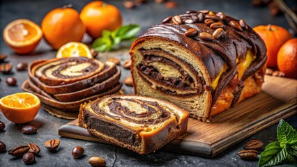 Poster - A loaf of sweet chocolate bread, with orange and coffee beans, on a wooden cutting board