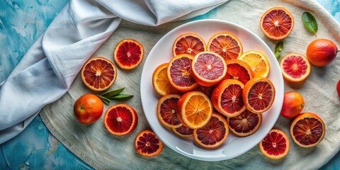 Sticker - A white plate filled with sliced blood oranges and oranges on a light brown linen tablecloth with a white cloth in the background