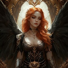 Poster - Dark Angel Woman Fantasy Art: Red Hair, Black Wings