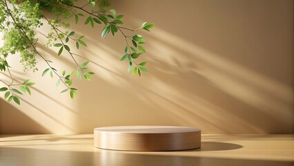 Aufkleber - A Minimalist Wooden Platform Set Against a Warm Beige Background with Sunlight Filtering Through Green Foliage