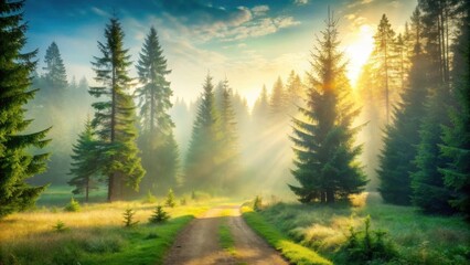 Poster - A sunbeam path through the misty forest, where nature's light illuminates the path ahead, revealing a serene and enchanting landscape.