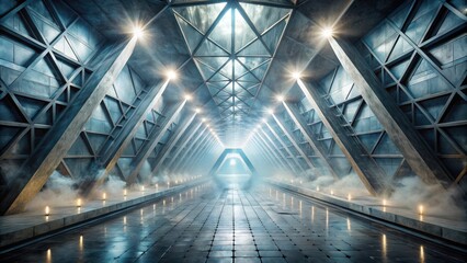 Poster - An ethereal corridor with a geometric ceiling and glowing lights, creating a futuristic and mysterious atmosphere.