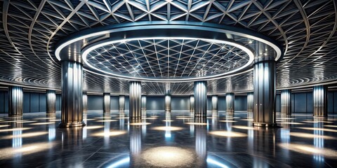 Poster - A Modern Interior Design with a Circular Ceiling and Metallic Pillars Reflecting Light on a Polished Floor