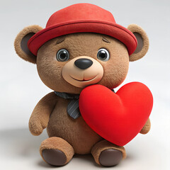 Wall Mural - Teddy bear wearing hat with red Heart isolated on light background.