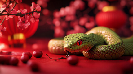 Wall Mural - A green snake slithers gracefully on the ground amidst a festive Chinese New Year setting, surrounded by red lanterns and plum blossoms, with its vivid scales shimmering under warm light.