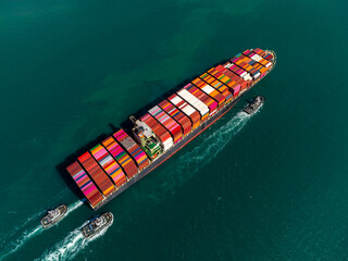 Wall Mural - aerial top view cargo logistic container ship sailing in sea, import export goods and distributing products to dealer and consumers across worldwide,