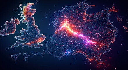 Wall Mural - colorful digital map visualization of the uk and europe showcasing network connections and data flow