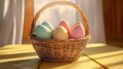 Wall Mural - easter, holidays, tradition and object concept - close up of colored eggs in basket over yellow wooden boards background