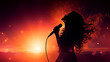 © Nittaya - Female singer singing silhouette on stage background.