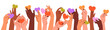 © Paper Trident - Human hands up and hold hearts. Diverse people share love together. Community, social service give support. Concept of charity or valentine. Flat isolated vector illustration on white background