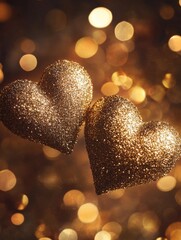 Wall Mural - two glitter heart shape with bokeh background valentine day concept