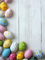 Wall Mural - Colorful Easter banner with double border of Easter Eggs against a white wood background. Top view with copy space.