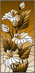 Illustration in stained glass style with a floral arrangement of Calla flowers,  Calla and leaves , tone brown