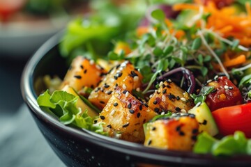 Canvas Print - Extreme close up of Vegan food salad plate vegetable.