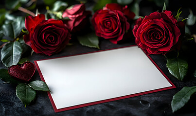 Sticker - Romantic red roses, blank card, dark background, Valentine's Day