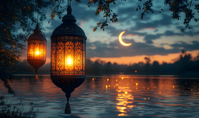 Sticker - Ramadan lanterns lake sunset crescent moon