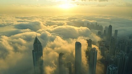 Wall Mural - City downtown skyline buildings in thick fog aerial