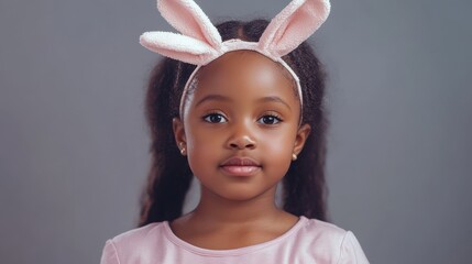 childhood, party props and easter concept - happy little african american girl wearing bunny ears headband posing over grey background