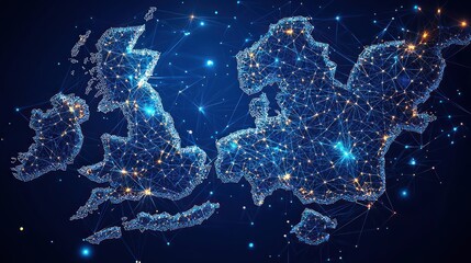 Wall Mural - digital map representation of the uk and europe with glowing connections and data points