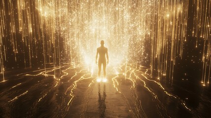 Canvas Print - A man stands in a tunnel of sparks, surrounded by a bright yellow glow