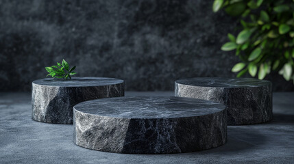 Wall Mural - Dark stone podium for products display. 3d realistic vector set of stands with black glossy rock texture. Natural pedestal platform for cosmetic production demonstration. Mockup of gray goods showcase