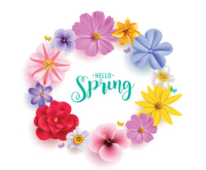 Wall Mural - spring flowers garland clipart design. hello spring greeting text with colorful wreath flower like d